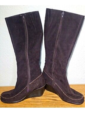 Whats What Aerosoles Womens 6.5 Brown Suede Tall Wedge Boots Zip Knee High